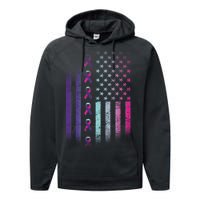 Blue Pink Teal Ribbon Flag Thyroid Cancer Awareness Performance Fleece Hoodie