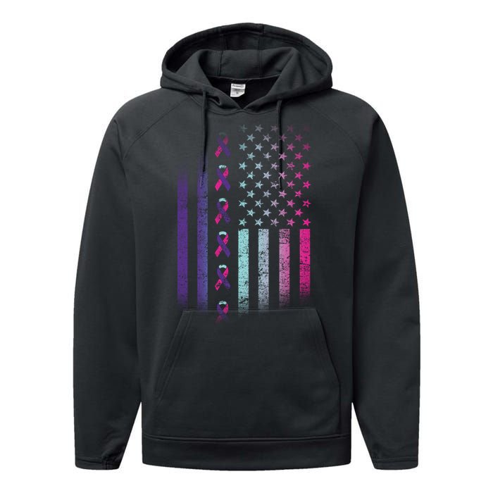 Blue Pink Teal Ribbon Flag Thyroid Cancer Awareness Performance Fleece Hoodie