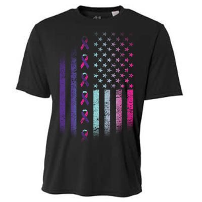 Blue Pink Teal Ribbon Flag Thyroid Cancer Awareness Cooling Performance Crew T-Shirt