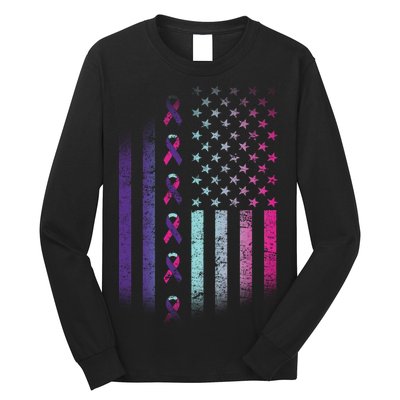 Blue Pink Teal Ribbon Flag Thyroid Cancer Awareness Long Sleeve Shirt