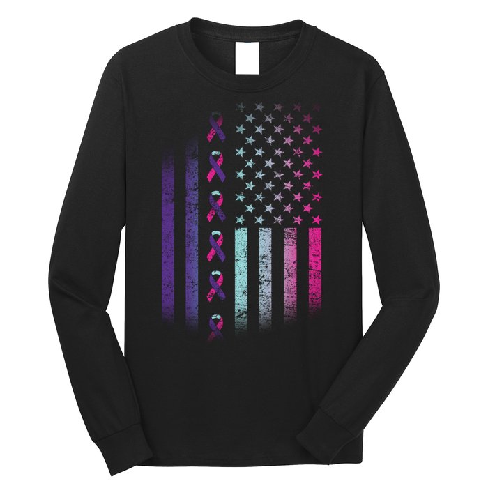 Blue Pink Teal Ribbon Flag Thyroid Cancer Awareness Long Sleeve Shirt