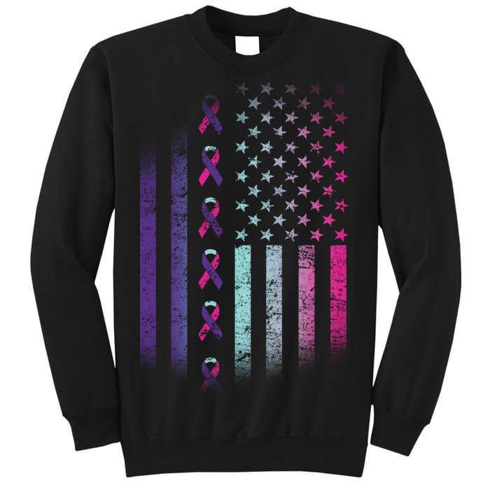 Blue Pink Teal Ribbon Flag Thyroid Cancer Awareness Sweatshirt