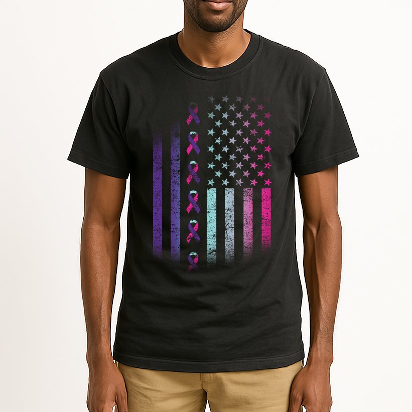 Blue Pink Teal Ribbon Flag Thyroid Cancer Awareness Tall T-Shirt