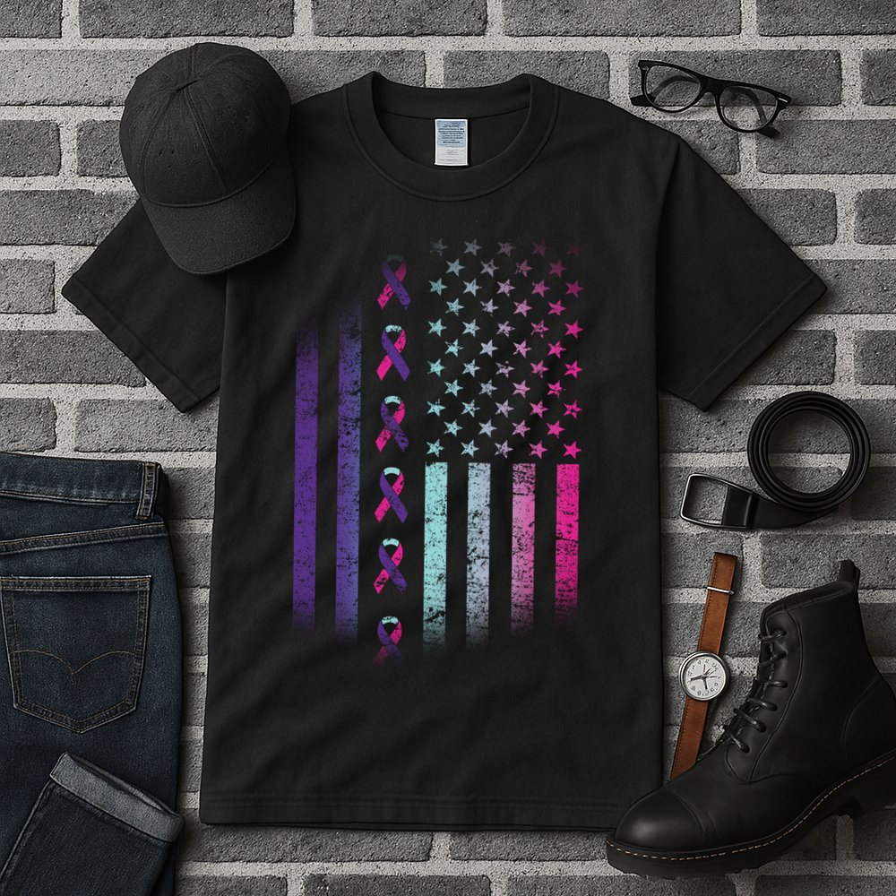 Blue Pink Teal Ribbon Flag Thyroid Cancer Awareness Tall T-Shirt