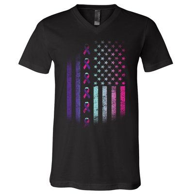 Blue Pink Teal Ribbon Flag Thyroid Cancer Awareness V-Neck T-Shirt