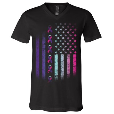 Blue Pink Teal Ribbon Flag Thyroid Cancer Awareness V-Neck T-Shirt