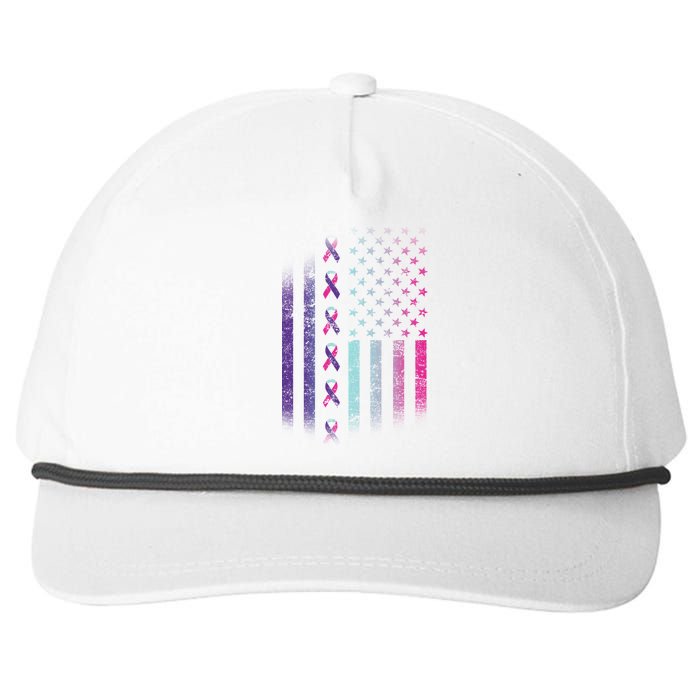 Blue Pink Teal Ribbon Flag Thyroid Cancer Awareness Snapback Five-Panel Rope Hat