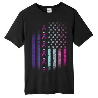 Blue Pink Teal Ribbon Flag Thyroid Cancer Awareness Tall Fusion ChromaSoft Performance T-Shirt