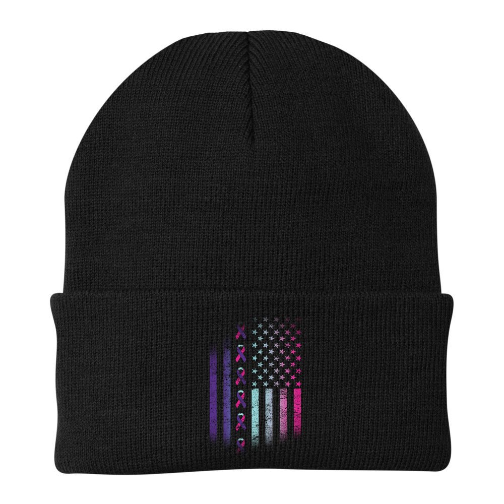Blue Pink Teal Ribbon Flag Thyroid Cancer Awareness Beanie