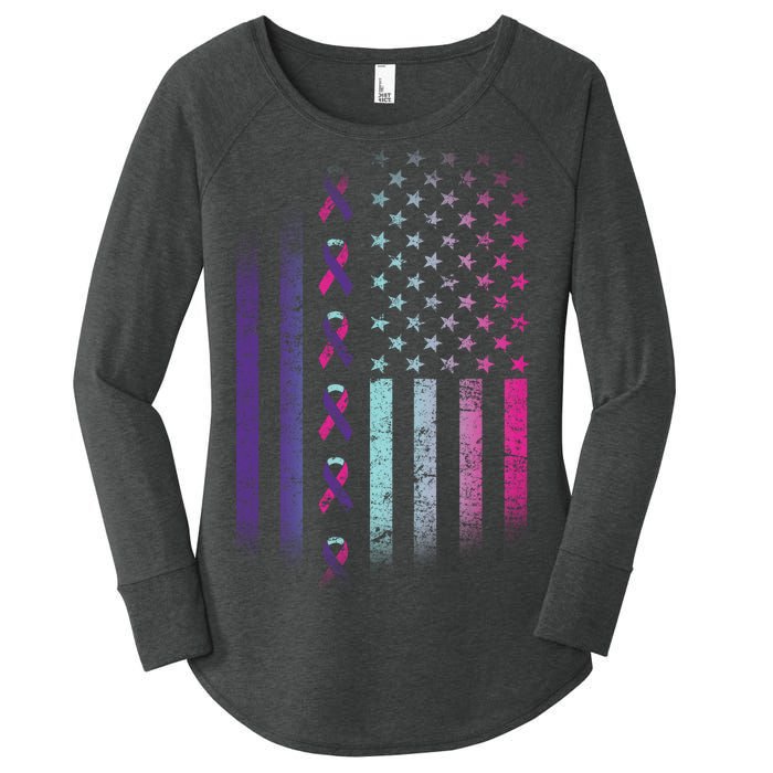 Blue Pink Teal Ribbon Flag Thyroid Cancer Awareness Women's Perfect Tri Tunic Long Sleeve Shirt