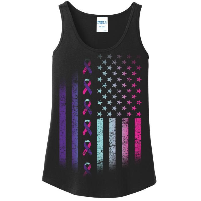 Blue Pink Teal Ribbon Flag Thyroid Cancer Awareness Ladies Essential Tank