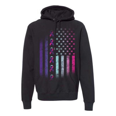 Blue Pink Teal Ribbon Flag Thyroid Cancer Awareness Premium Hoodie