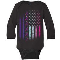 Blue Pink Teal Ribbon Flag Thyroid Cancer Awareness Baby Long Sleeve Bodysuit