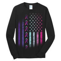 Blue Pink Teal Ribbon Flag Thyroid Cancer Awareness Tall Long Sleeve T-Shirt