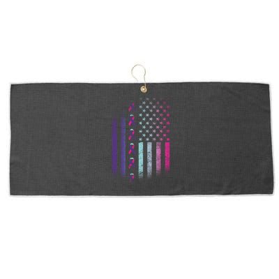 Blue Pink Teal Ribbon Flag Thyroid Cancer Awareness Large Microfiber Waffle Golf Towel