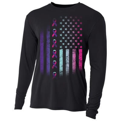 Blue Pink Teal Ribbon Flag Thyroid Cancer Awareness Cooling Performance Long Sleeve Crew