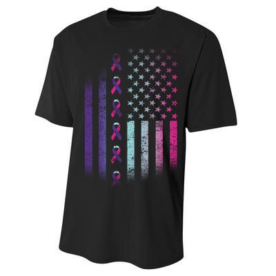 Blue Pink Teal Ribbon Flag Thyroid Cancer Awareness Performance Sprint T-Shirt