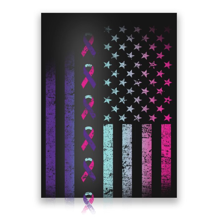 Blue Pink Teal Ribbon Flag Thyroid Cancer Awareness Poster