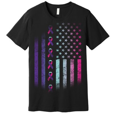 Blue Pink Teal Ribbon Flag Thyroid Cancer Awareness Premium T-Shirt