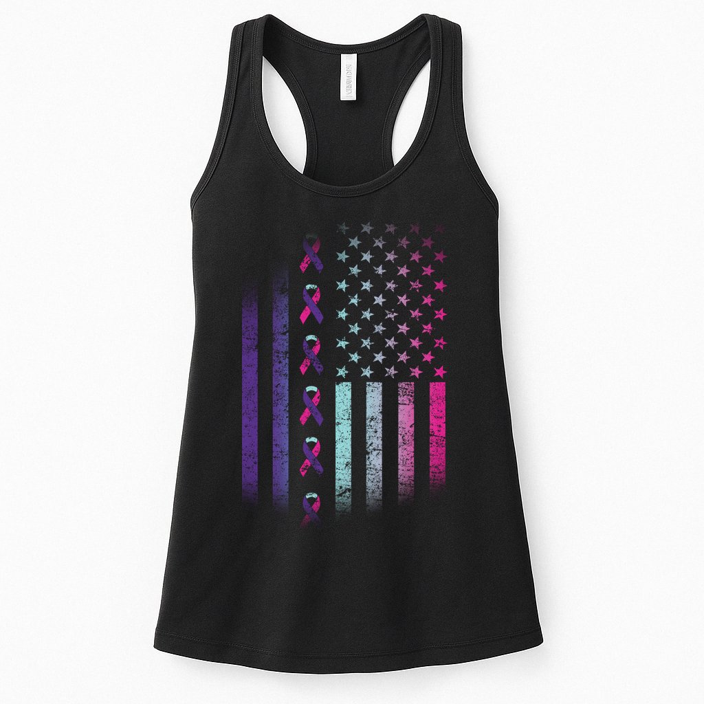 Blue Pink Teal Ribbon Flag Thyroid Cancer Awareness Womens Tank Top
