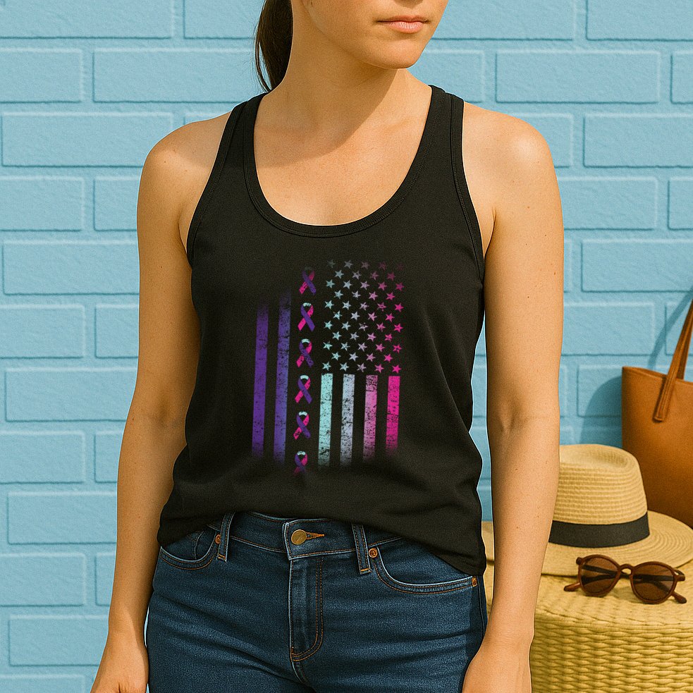 Blue Pink Teal Ribbon Flag Thyroid Cancer Awareness Womens Tank Top