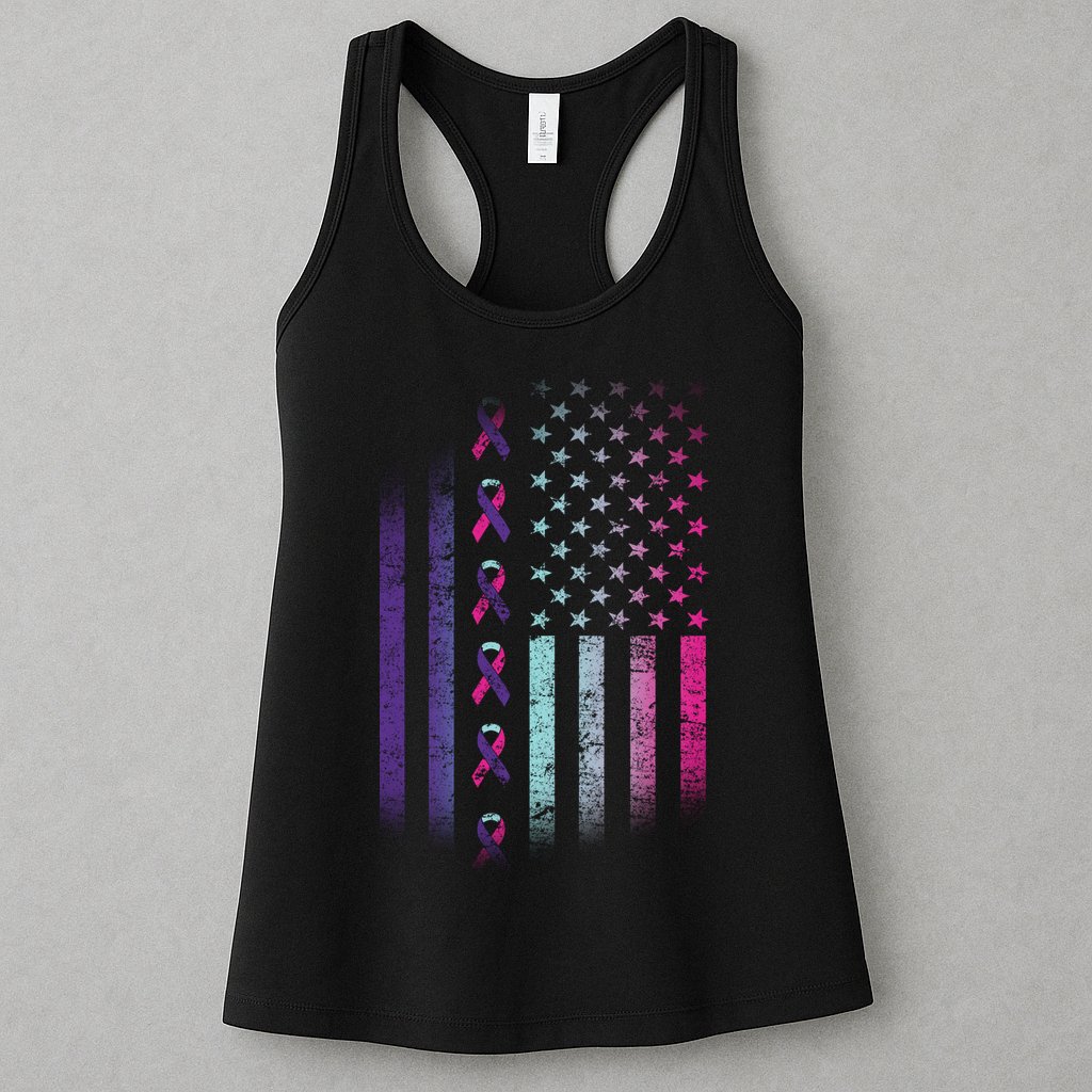 Blue Pink Teal Ribbon Flag Thyroid Cancer Awareness Womens Tank Top