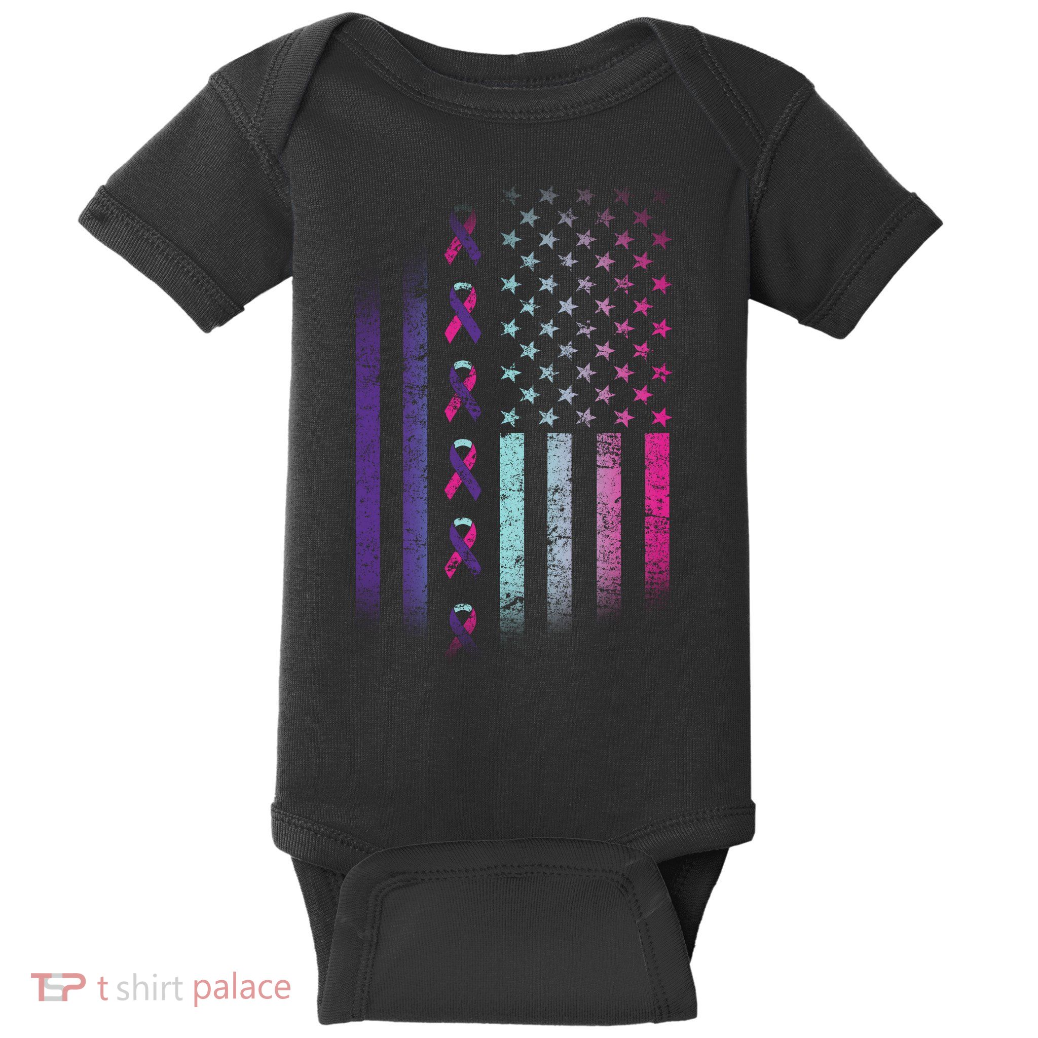 Blue Pink Teal Ribbon Flag Thyroid Cancer Awareness Baby Bodysuit