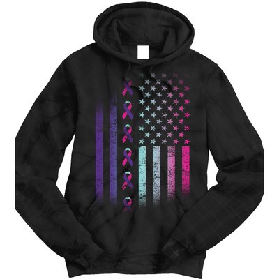 Blue Pink Teal Ribbon Flag Thyroid Cancer Awareness Tie Dye Hoodie