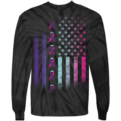 Blue Pink Teal Ribbon Flag Thyroid Cancer Awareness Tie-Dye Long Sleeve Shirt