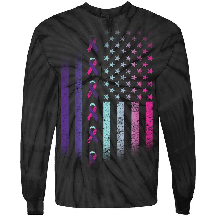 Blue Pink Teal Ribbon Flag Thyroid Cancer Awareness Tie-Dye Long Sleeve Shirt