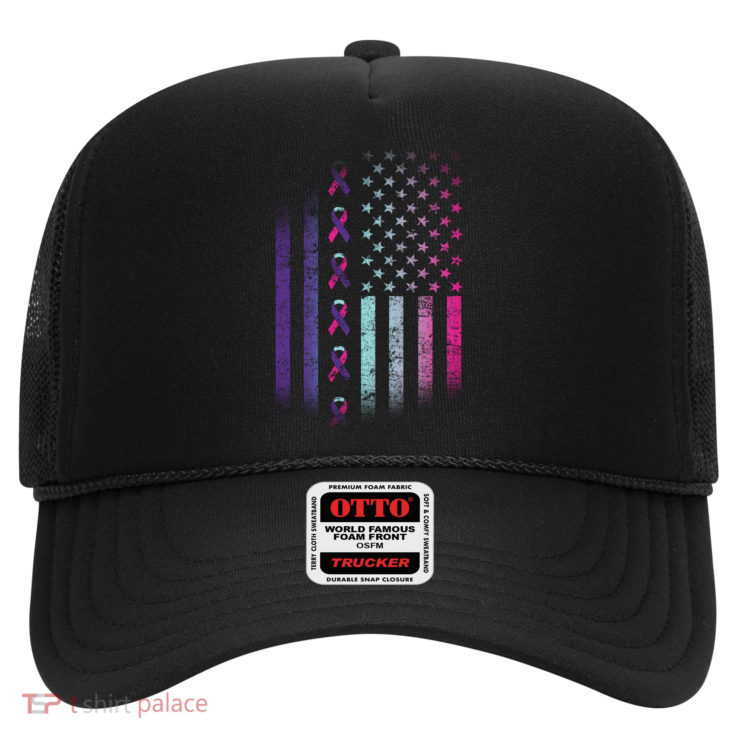 Blue Pink Teal Ribbon Flag Thyroid Cancer Awareness Trucker Hat