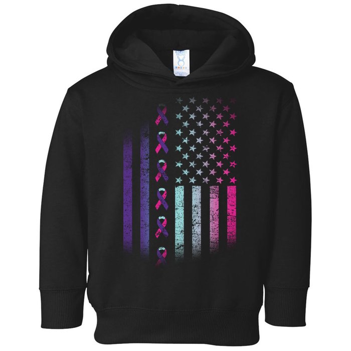 Blue Pink Teal Ribbon Flag Thyroid Cancer Awareness Toddler Hoodie