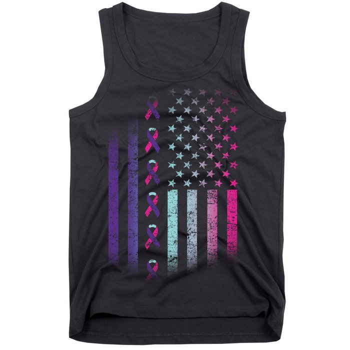 Blue Pink Teal Ribbon Flag Thyroid Cancer Awareness Tank Top