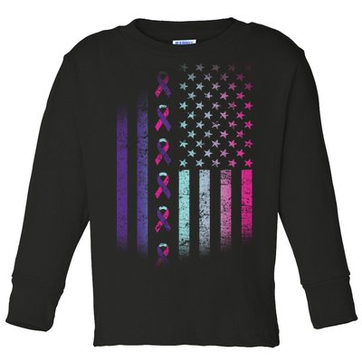 Blue Pink Teal Ribbon Flag Thyroid Cancer Awareness Toddler Long Sleeve Shirt