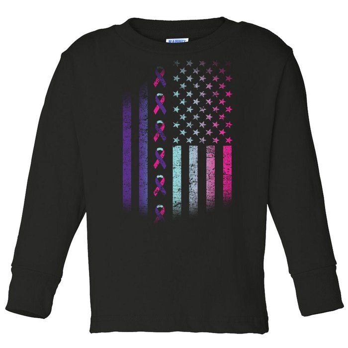 Blue Pink Teal Ribbon Flag Thyroid Cancer Awareness Toddler Long Sleeve Shirt