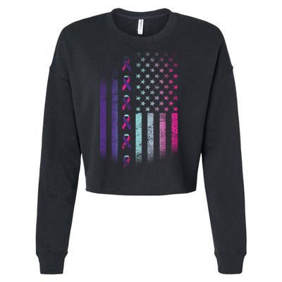 Blue Pink Teal Ribbon Flag Thyroid Cancer Awareness Cropped Pullover Crew