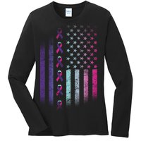 Blue Pink Teal Ribbon Flag Thyroid Cancer Awareness Ladies Long Sleeve Shirt