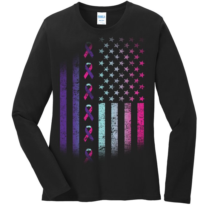 Blue Pink Teal Ribbon Flag Thyroid Cancer Awareness Ladies Long Sleeve Shirt