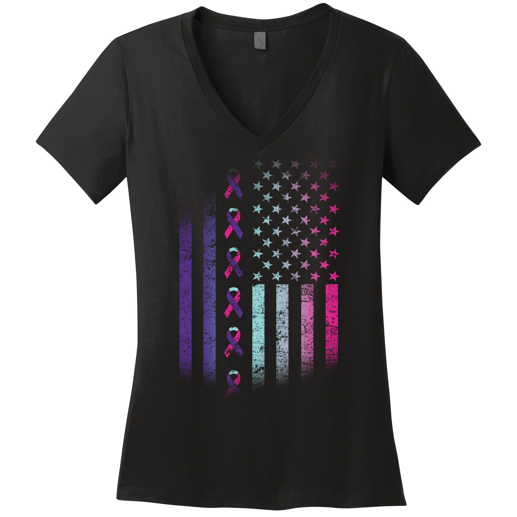 Blue Pink Teal Ribbon Flag Thyroid Cancer Awareness Women's V-Neck T-Shirt