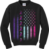 Blue Pink Teal Ribbon Flag Thyroid Cancer Awareness Kids Sweatshirt