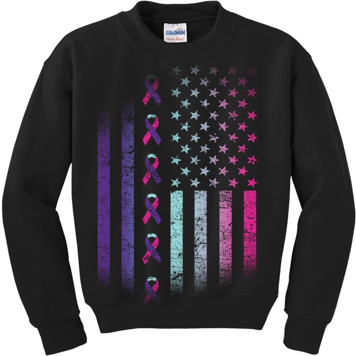 Blue Pink Teal Ribbon Flag Thyroid Cancer Awareness Kids Sweatshirt