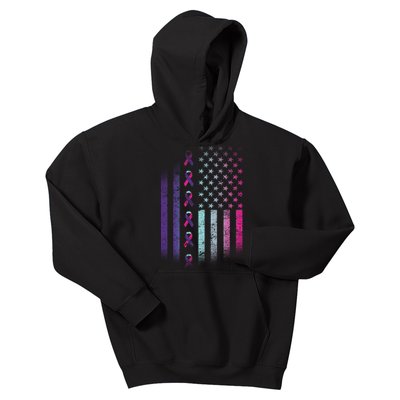 Blue Pink Teal Ribbon Flag Thyroid Cancer Awareness Kids Hoodie