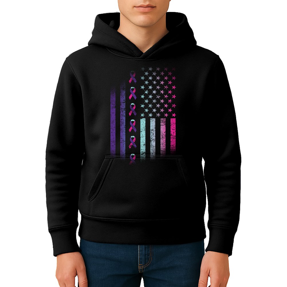 Blue Pink Teal Ribbon Flag Thyroid Cancer Awareness Kids Hoodie