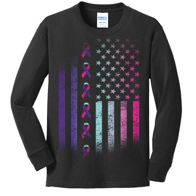 Blue Pink Teal Ribbon Flag Thyroid Cancer Awareness Kids Long Sleeve Shirt