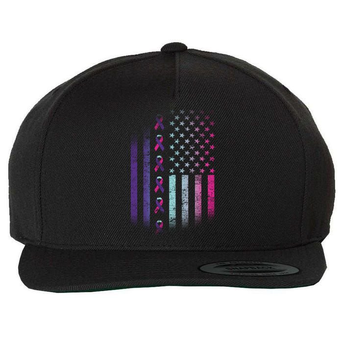 Blue Pink Teal Ribbon Flag Thyroid Cancer Awareness Wool Snapback Cap