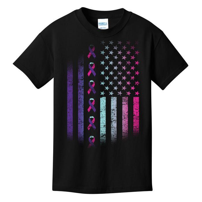 Blue Pink Teal Ribbon Flag Thyroid Cancer Awareness Kids T-Shirt