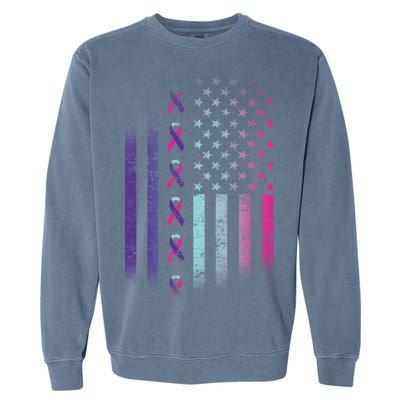 Blue Pink Teal Ribbon Flag Thyroid Cancer Awareness Garment-Dyed Sweatshirt