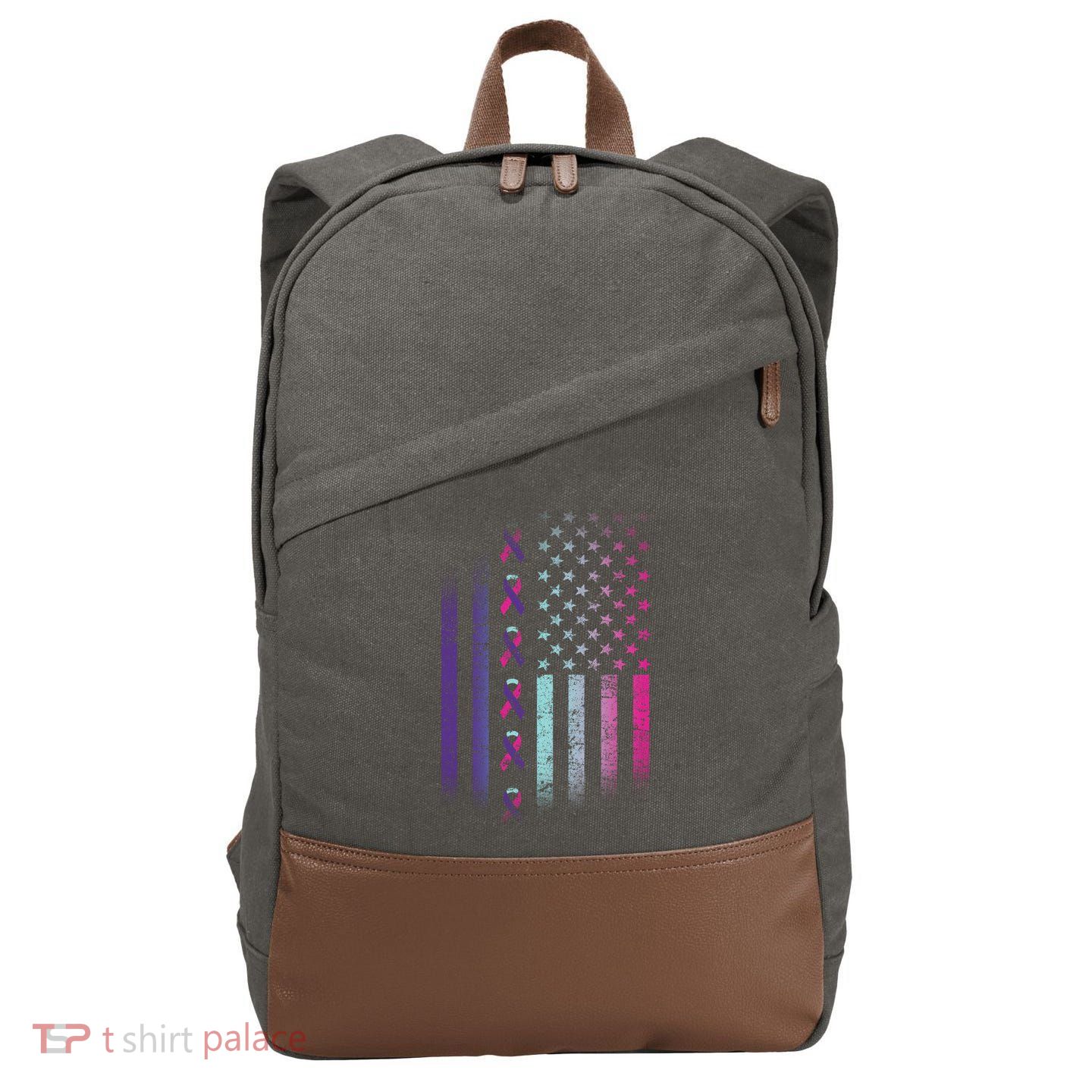 Blue Pink Teal Ribbon Flag Thyroid Cancer Awareness Cotton Canvas Backpack