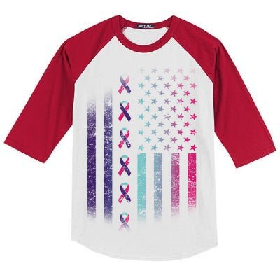 Blue Pink Teal Ribbon Flag Thyroid Cancer Awareness Kids Colorblock Raglan Jersey