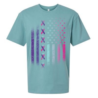 Blue Pink Teal Ribbon Flag Thyroid Cancer Awareness Sueded Cloud Jersey T-Shirt